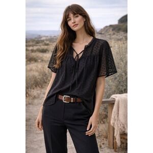 Flower & Feather Black Swiss Dot Tie Neck Flutter Sleeve Blouse 2XL PTB5418